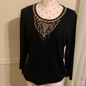 RAFAEL Black beaded sweater Like NEW Size Large Tan/Gold elegant beaded design